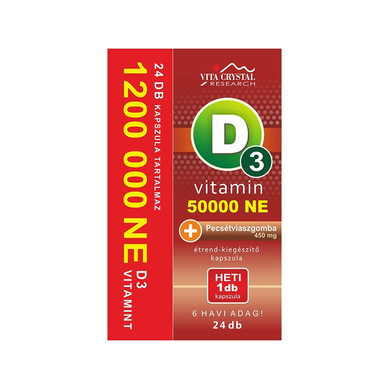 Vita Crystal D3-vitamin 50 000NE heti 1 kapszula 450 mg Pecsétviaszgomba 6 hónapos kiszere2l4é s360 Ft