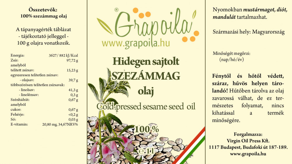 Grapoila SZEZÁMMAGOLAJ hidegen sajtolt 1000 ml PET